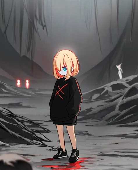 Albino hair anime girl with short shoulder length hair., His eyes are bright red. female figure, He is wearing a black sweatshirt with an X in the center.He has a mask that covers his entire face..., black jean shorts and black sneakers. In a desolate wast...