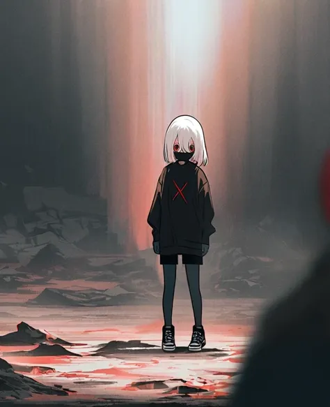 Albino hair anime girl with short shoulder length hair., His eyes are bright red. female figure, He is wearing a black sweatshirt with an X in the center.He has a mask that covers his entire face..., black jean shorts and black sneakers. In a desolate wast...