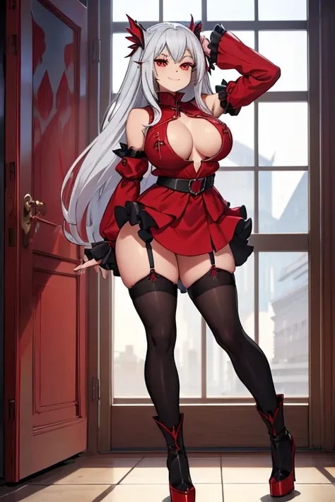 female, silver long hair, red eyes, (((1girl))), (((red blouse with elbow length sleeves and boob window))), (black ruffled knee length skirt), (black stockings), (red heels), cute and sexy, full body, large breasts, large butt, long legs, smiling, cleavag...