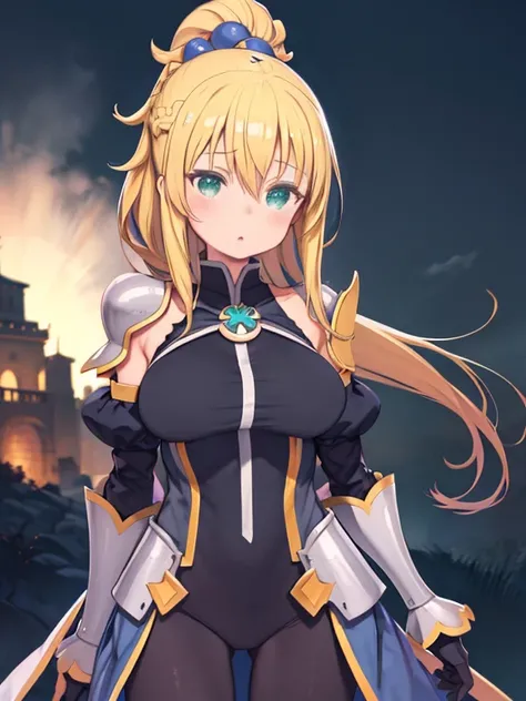 One Girl、A blessing to this wonderful world！、KonoSuba、Darkness、Darkness、Konosuba、lalatina dustiness ford, darkness (Konosuba), long hair, (green eyes:1.3), blonde hair, hair ornament, ponytail, braid, x hair ornament、gloves, armor, bodysuit, shoulder armor...