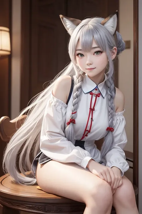 A fox girl image：Work clothes，new Chinese style;Everyday wear，Try various modern styles。Hair color: granny gray，White。Big fox ears in front of the morning(Refer to the current Daling avatar)，Human ears covered by hair and red braided rope，Appears as a hair...