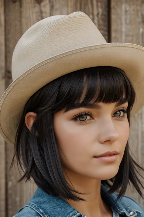 Cowgirl with a patch over her left eye, Very short shoulder-length black hair cut in layers and tousled so that the bangs reach above the eyebrows, with his characteristic hat 