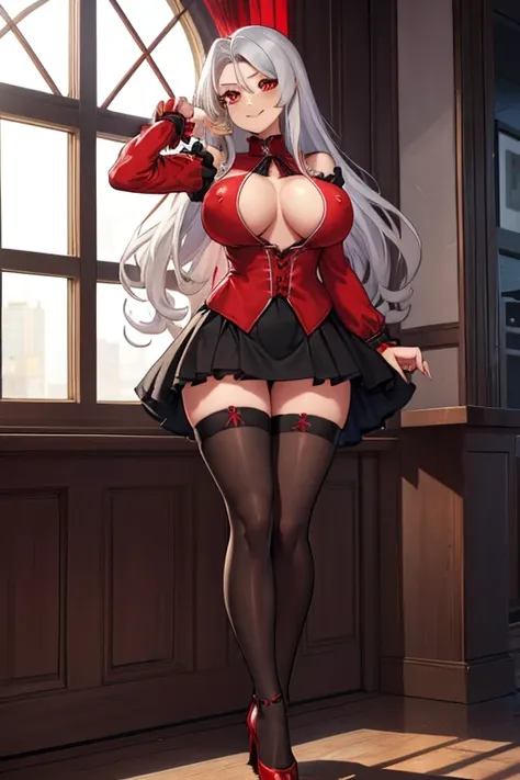 female, silver long hair, red eyes, (((1girl))), (((red blouse with elbow length sleeves and boob window))), (black ruffled knee length skirt), (black stockings), (red heels), cute and sexy, full body, large breasts, large butt, long legs, smiling