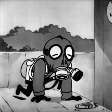 1930s animation, alone, Animal character, gas mask, Facing forward, Bad Smile, Sleeping gas bottle