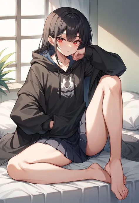 A girl with long black hair is sitting on the bed　He is wearing a long coat over a plain black hoodie with a hood　Red eyes　She is wearing a black pleated skirt　tall　With bangs　Beautiful face　Thin legs　Smooth, long, straight hair　Long and narrow face　With w...