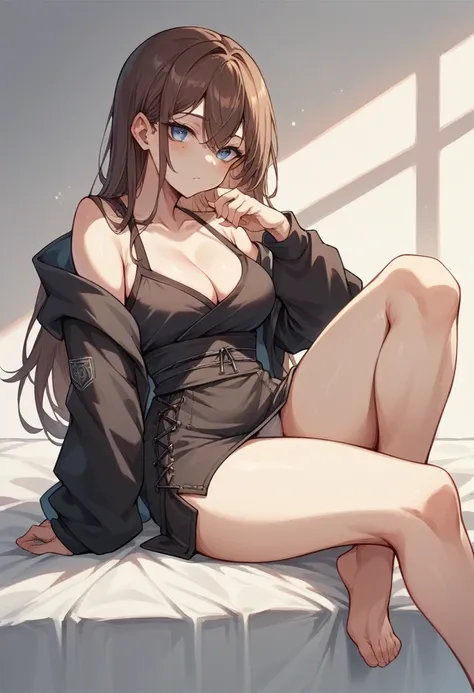 Brown hair long ninja girl　hair longer than shoulders　Long Hair　Wearing a black hoodie and a black skirt　White underwear　White skin　blue eyes　With bangs　Beautiful face　Thin legs　A little bit of cleavage is visible　sitting on the bed　Legs bent　Anime Style