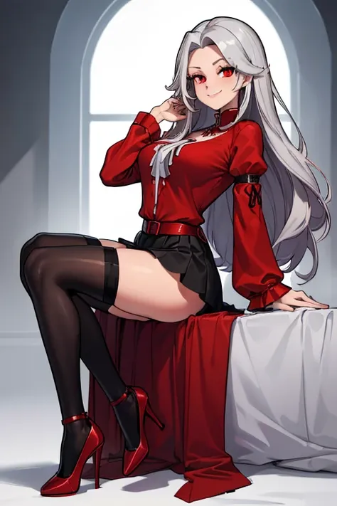 female, silver long hair, red eyes, (((1girl))), (((red blouse with elbow length sleeves))), (black knee length skirt), (black stockings), (red heels), cute and sexy, full body, large breasts, large butt, long legs, smiling, cleavage