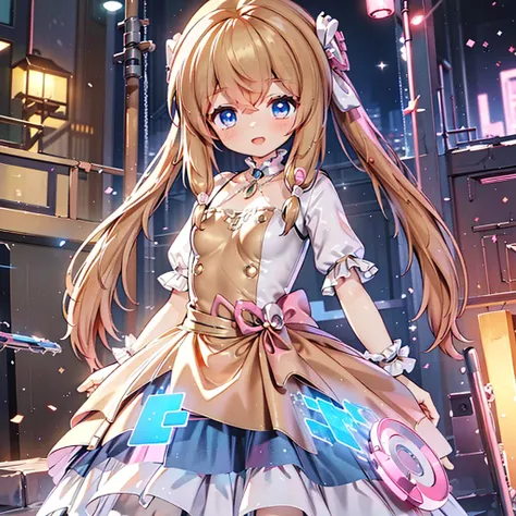 masterpiece, best quality, CG wallpaper, 8k, girl, solo,  cute, petite, Blue eyes, brown twintail, (yellow dress), open mouth smile, look away, dynamic angle, glitch, neon and led lights, stand in front of viewer
