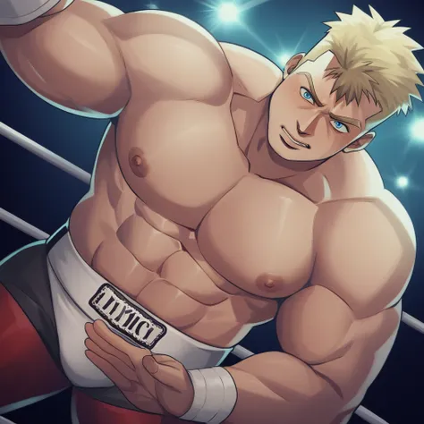 score_9, score_8_up, score_7_up, source_anime, score_6_up, score_5_up, score_4_up, BREAK 1guy, heavy weight muscular, black wrestling brief, solo, topless, blonde, fighting stance, hollywood action, masculine handsome guy, tsurime, sanpaku, blue eyes, spik...