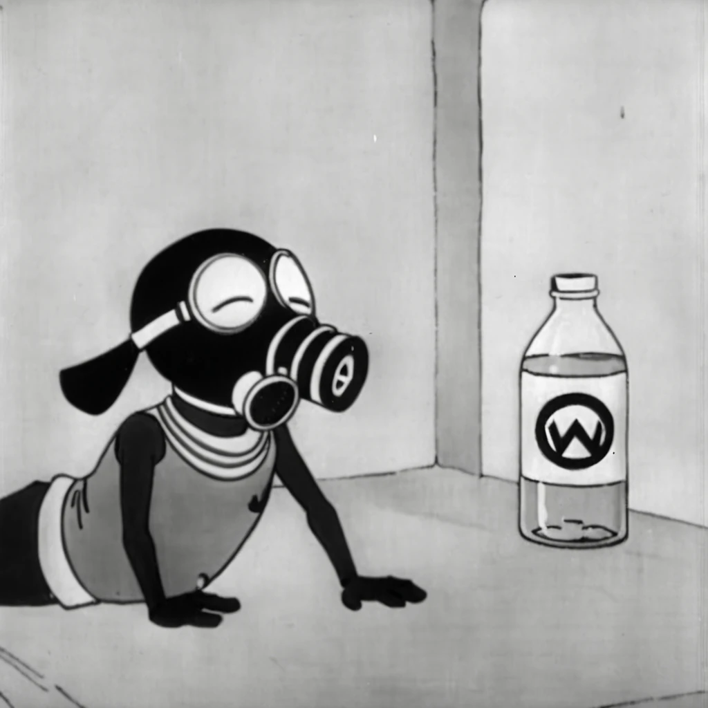 1930s animation, alone, Animal character, Mouth-only gas mask, Facing forward, Mischievous Smile, Bottle with the sleeping gas symbol