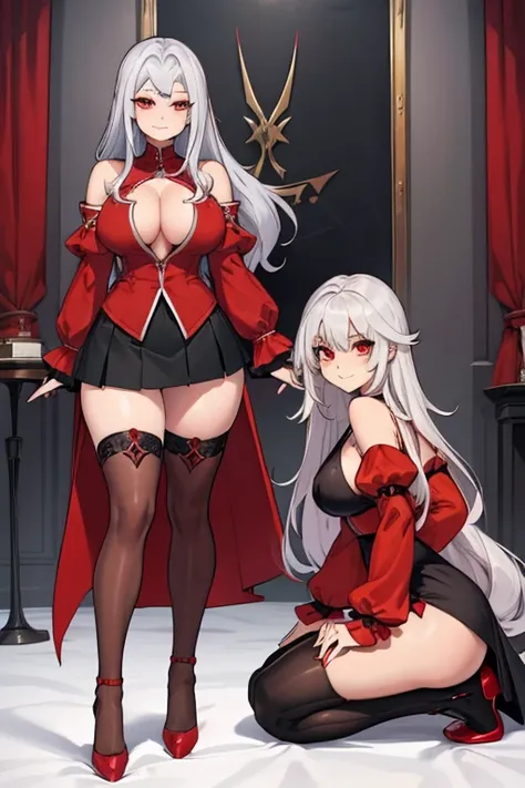 female, silver long hair, red eyes, (((1girl))), (((red blouse with elbow length sleeves))), (black knee length skirt), (black stockings), (red heels), cute and sexy, full body, large breasts, large butt, long legs, smiling, cleavage