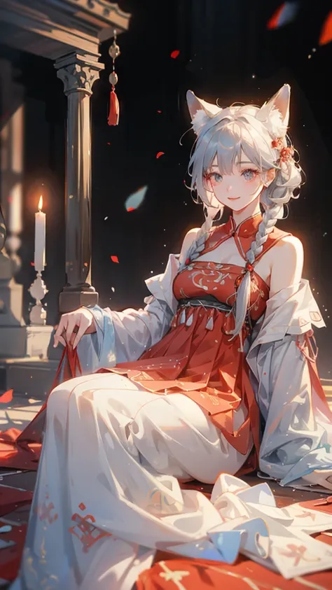 A fox girl image：Work clothes，new Chinese style;Everyday wear，Try various modern styles。Hair color: granny gray，White。，Human ears covered by hair and red braided rope，Appears as a hair tie、Work performance is post-production、Daily performance is side braid...