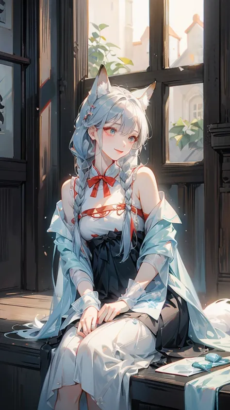 A fox girl image：Work clothes，new Chinese style;Everyday wear，Try various modern styles。Hair color: granny gray，White。，Human ears covered by hair and red braided rope，Appears as a hair tie、Work performance is post-production、Daily performance is side braid...