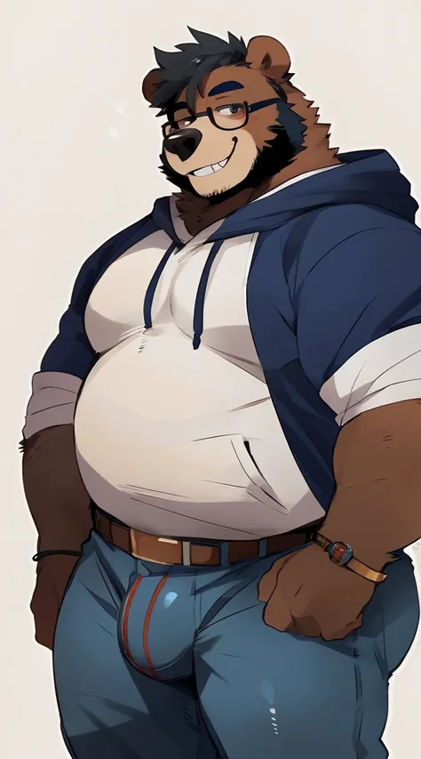 Chubby, furry,male , anthro bear, very plump, middle aged  , detailed eyes ,Thick beard, seductive  , detailed , half body , wearing color block hoodie, extremely hot and sexy, full detailed eyes, by hyaku ,by darkgem, by glitter trap boy, by jumper bear,w...