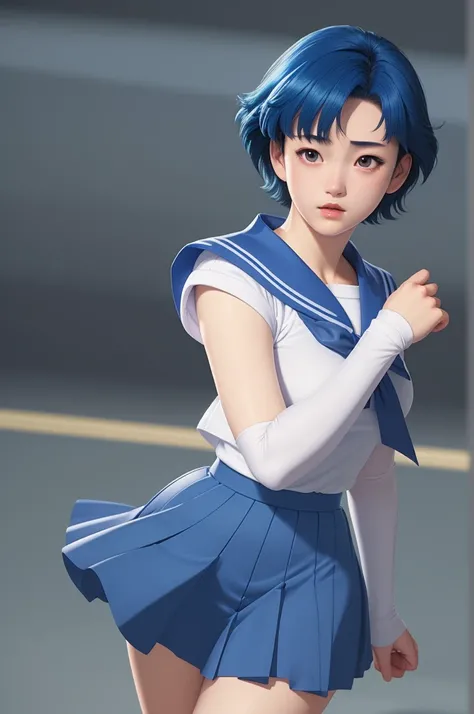 (masterpiece), (Best quality), realistic, cinematic light, Mizuno Ami, Sailor Mercury, Stand, battlefield background, perfect body, blue hair, uniform  