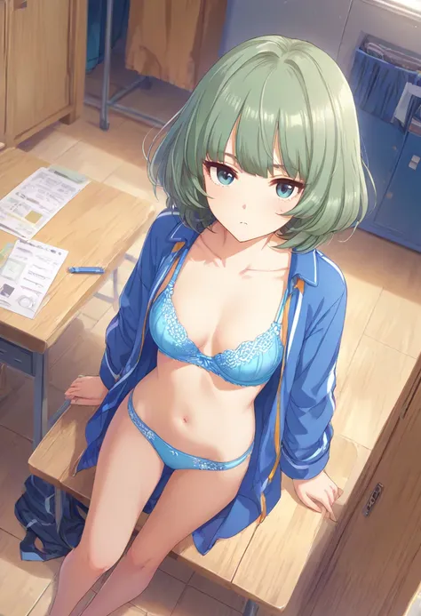 (((masterpiece) (((((Highest quality))))((high resolution))))), Very detailed, Ultra-realistic, )、、locker room、Open shirt、Blue Bra、blue panties、Green Hair、、、Change of clothes、((Expressionless))、From above.stand、Look away.Short Hair、adult、slender