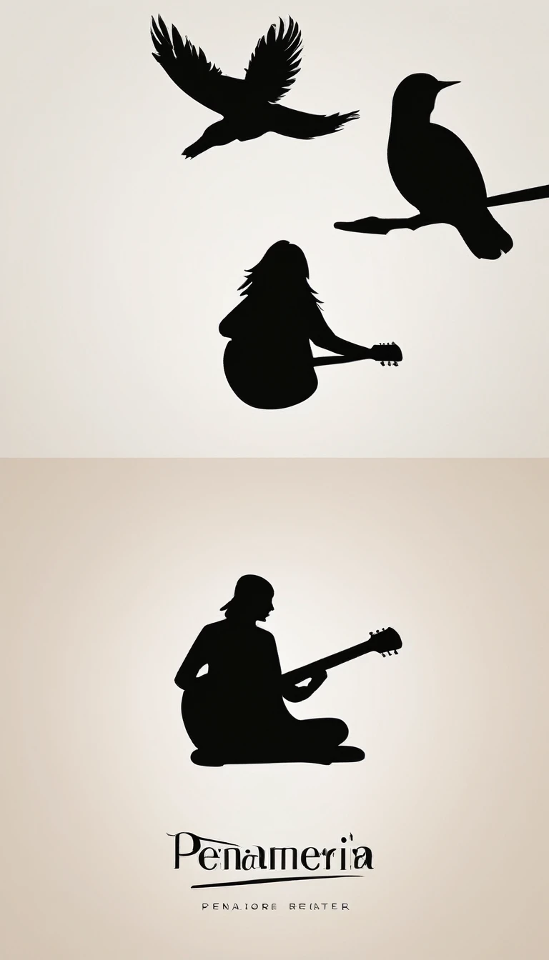 A minimal, modern, simple, cinematic logo design for the storyteller brand “Penamemoria". Create a modern, minimalistic, high-quality, logo of a feather-boy playing acoustic guitar. Make the logo fantastic, unique, modern, simple, minimalistic, dreamy, mem...