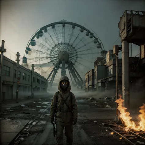 cinematic film still (wide angle:1.35), landscape, analog photo of abandoned green city of Chernobyl, (abonded soviet street:1.4), (tall buildings:1.1), zone, lots of dead trees, (abandoned ferris wheel:1.2), person in (dirty:1.1) kahki rubber protective s...