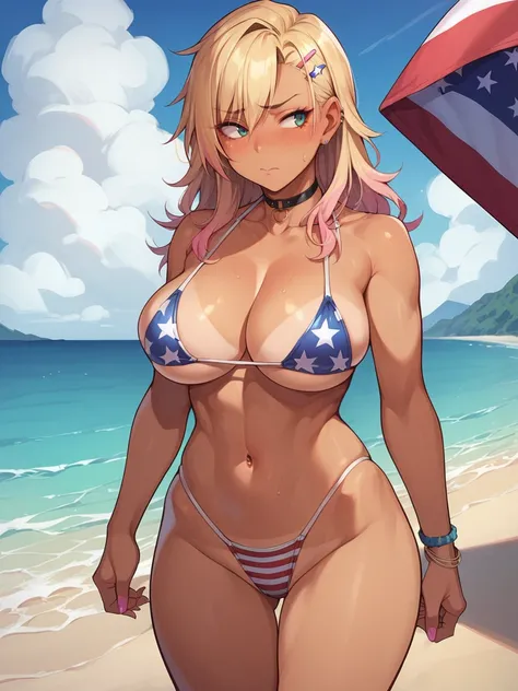 score_9, score_8_up, score_7_up, 1girl, solo, outdoors, beach, micro bikini, flag bikini, american flag bikini, American flag, tomboy, shy, blush, gyaru, standing, choker, looking to the side, big breasts, wide hips, medium long hair,