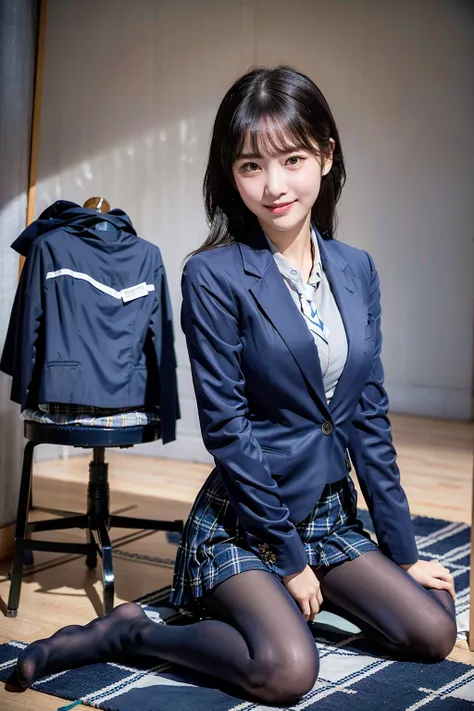 (8k), (best quality: 1.2), (realistic), (realistic: 1.37), ultra high resolution, (1 girl), cute, blush,embarrassed smile, beautiful details, beautiful nose, wet hair, huge two cells, pork, thighs，Self Snap,college ,(Simple navy blue blazer:1.4),(pleated s...