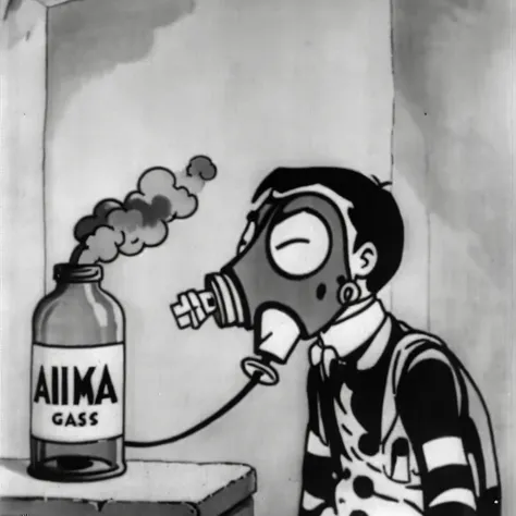 1930s animation, alone, Animal character, half gas mask, Facing forward, Bad Smile, Smoke coming out of a bottle of sleeping gas