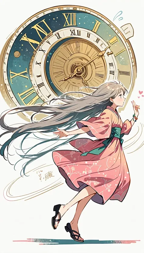 white background, Fujichoco style, pink kimono, (((The Most Beautiful Girl))),  gray hair, ((giant clock, wind)), simple background, full body, Simple line initialism, 