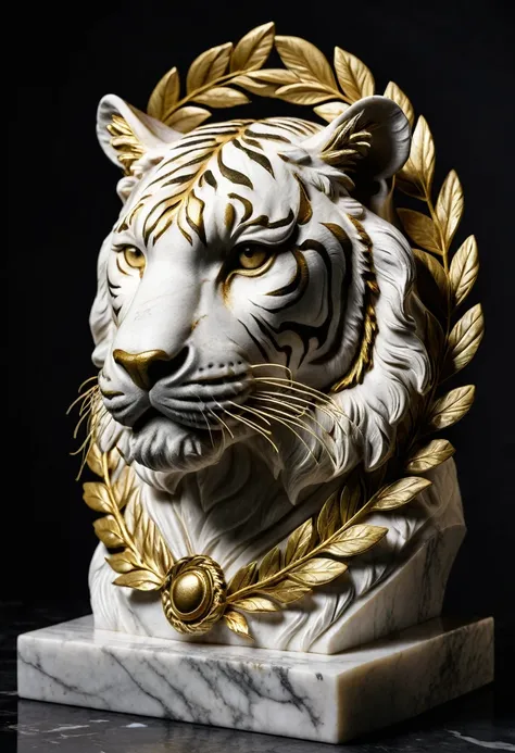 Side view of a roman styled Tiger bust made out of marble with a solid gold Laurel Wreath on top of its head, highlighted with a spotlight and dark background