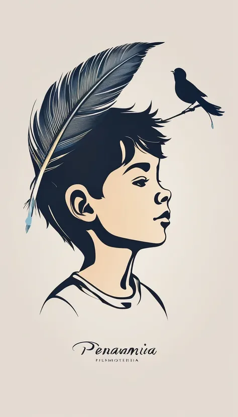 A minimalist, fantastic, poetic, dreamy, captivating, memorable, masterpiece, modern, simple logo design of a boy and a feather for the brand “Penamemoria". The logo must convey a sense of music, stories and dreams. Minimalistic logo design of a boy and a ...