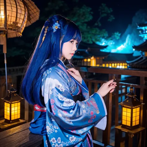 Long Hair、girl、kimono、dragon、Night view、Castle、Japanese style、Blue Hair