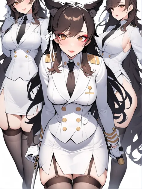 atago_(azur_lane), 1 woman, solo, brown eyes,mole_under_eye,military_uniform, garter_straps, skirt, skirt, black legwear,white gloves,white background, a woman holding a katana, masterpiece, best quality, white skirt suit, (((three-piece suit))), (((dress ...