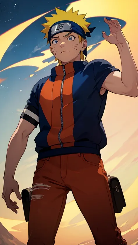 Naruto uzumaki, solo, headband, short hair, shirt, buffed body, muscular, red vest, bea,  blue pants,     