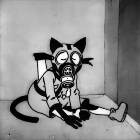 1930s animation, alone, whole body, Cat Character, gas mask, Facing forward, Bad Smile, Sleeping gas bottle