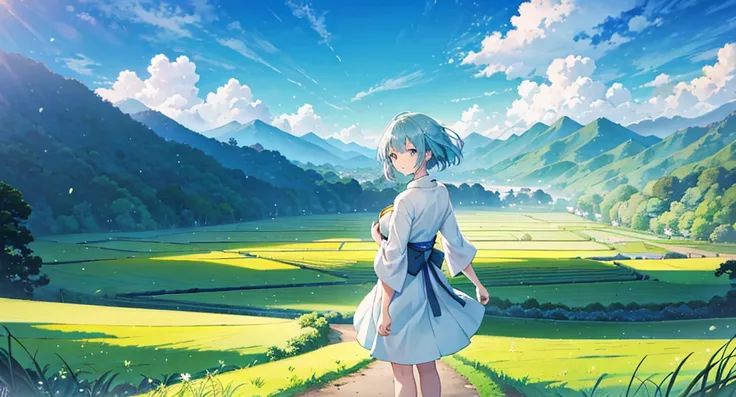 Create a picturesque rural landscape during the day, featuring a young woman in a light blue dress standing on a path that stretches into lush green rice fields. In the background, traditional Japanese wooden houses and green mountains are seen against a b...