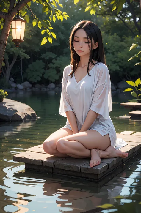 The model in a serene and peaceful pose, in a calming and tranquil setting. Shandy