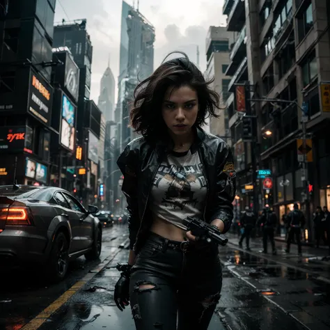 (Highest quality, Ultra HD, 16k, Masterpiece) A powerful girl walks confidently in front of her rugged, futuristic car amidst a chaotic and war-torn metropolis. The shot is a medium to long view, capturing her determined presence and the complete surroundi...