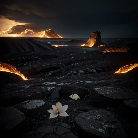 cinematic photography of a single white flower growing from between the cracks of black ashen rocks and fiery lava desolate grim landscape under black clouds with a hint of sun and god rays spotlight on the flower dark vignette effect