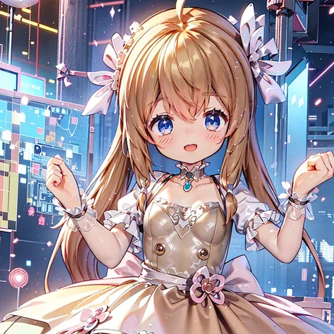 masterpiece, best quality, CG wallpaper, 8k, girl, solo,  cute, petite, Blue eyes, brown twintail, (yellow dress), open mouth smile, look away,  glitch, neon and led lights, view from below 
