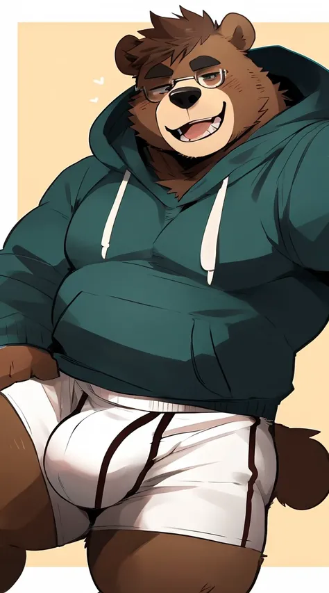 Chubby, furry,male , anthro bear, very plump, middle aged  , detailed eyes ,Thick beard, seductive  , detailed , half body , wearing color block hoodie, extremely hot and sexy, full detailed eyes, by hyaku ,by darkgem, by glitter trap boy, by jumper bear,w...