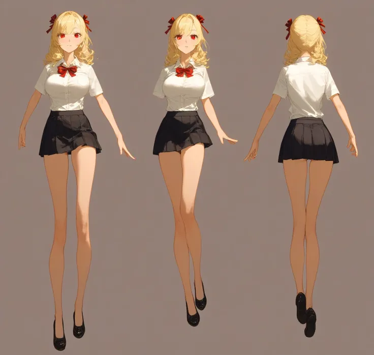 {{wonderful}}, Highest quality, Ultra-detailed CG Unity 8k Wallpaper, Beautiful details、Large Breasts、Blonde、Character Sheet、three views、White Shirt、mini skirt、Red ribbon、Lady、Slanted Eyes