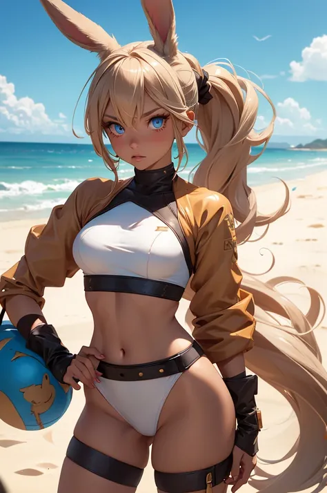 Bunny woman, rabbit woman, hot pants, belt, blue eyes, tan skinned female, fingernails,, long pony tail, viera, sand background, light brown hair, midriff monk pose