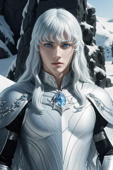 Griffith,Berserk,male,super beautiful teenager,Long hair with white perm,Crystal clear blue eyes,Beautiful white skin,Ultra HD,super high quality,masterpiece,Digital SLR,Photorealistic,Detailed details,Vivid details,Depicted in detail,A detailed face,Detai...