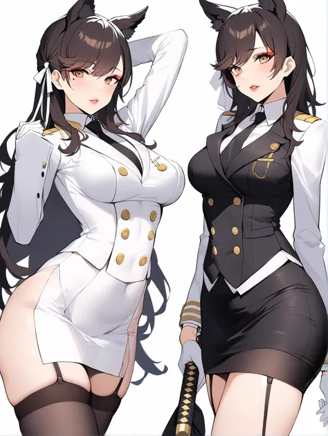 atago_\(azur_lane\), 1 woman, solo, brown eyes,mole_under_eye,military_uniform, garter_straps, skirt, skirt, black legwear,white...