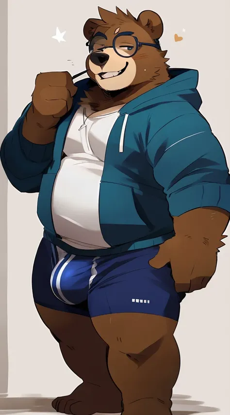 Chubby, furry,male , anthro bear, very plump, middle aged  , detailed eyes ,Thick beard, seductive  , detailed , half body , wearing color block hoodie, extremely hot and sexy, full detailed eyes, by hyaku ,by darkgem, by glitter trap boy, by jumper bear,w...