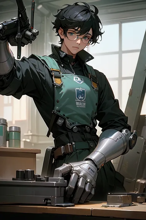 Ridiculous resolution, high resolution, (masterpiece: 1.4), Ultra Detail, Young man with messy short black hair and glasses dressed as welder, A very high-tech robotic arm workbench, green perfect eyes