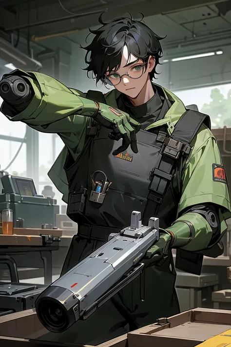 Ridiculous resolution, high resolution, (masterpiece: 1.4), Ultra Detail, Young man with messy short black hair and glasses dressed as welder, A very high-tech robotic arm workbench, green perfect eyes