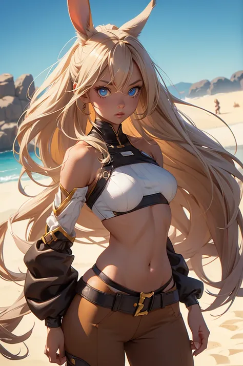 Bunny woman, rabbit woman, baggy pants, belt, blue eyes, tan skinned female, fingernails,, long pony tail, viera, sand background, light brown hair, midriff monk pose