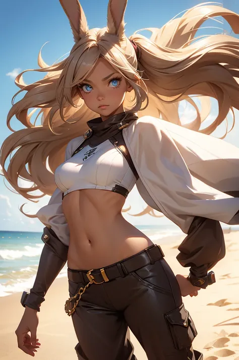 Bunny woman, rabbit woman, baggy pants, belt, blue eyes, tan skinned female, fingernails,, long pony tail, viera, sand background, light brown hair, midriff monk pose