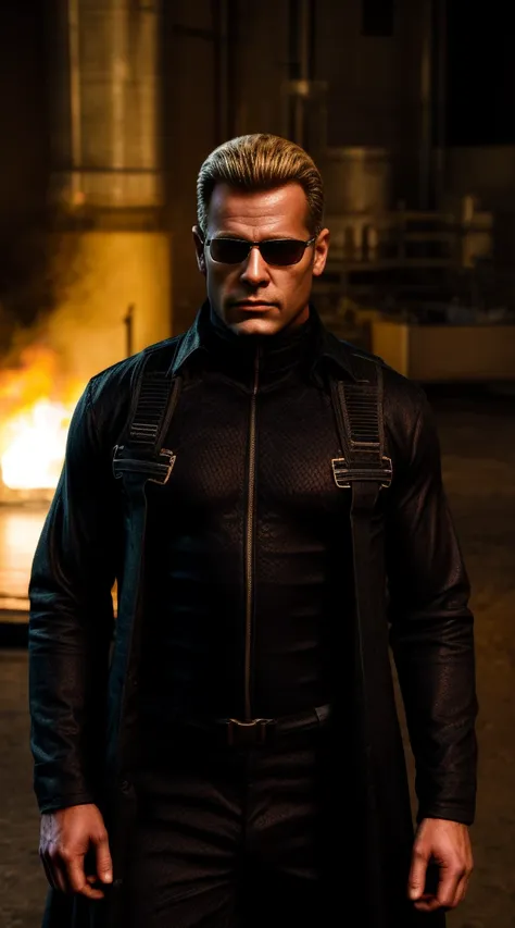 1 man, solo, Albert Wesker, lean muscle male, wearing a black linen long sleeve shirt, black linen trench coat, suspenders, looking casual, wearing elegant black shades, glowing red eyes, black trousers, cold face, middle aged, in a labratory, night time, ...