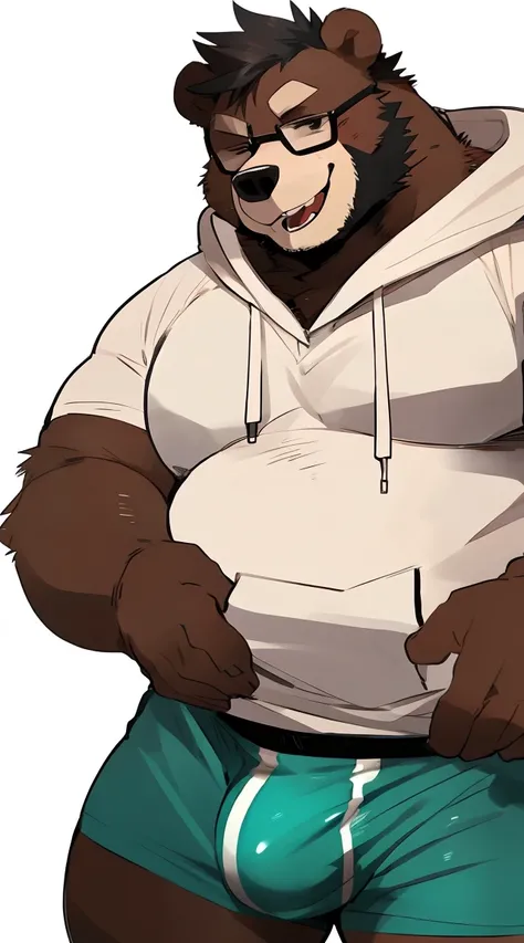 Chubby, furry,male , anthro bear, very plump, middle aged  , detailed eyes ,Thick beard, seductive  , detailed , half body , wearing color block hoodie, extremely hot and sexy, full detailed eyes, by hyaku ,by darkgem, by glitter trap boy, by jumper bear,w...