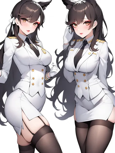 atago_\(azur_lane\), 1 woman, solo, brown eyes,mole_under_eye,military_uniform, garter_straps, skirt, skirt, black legwear,white...